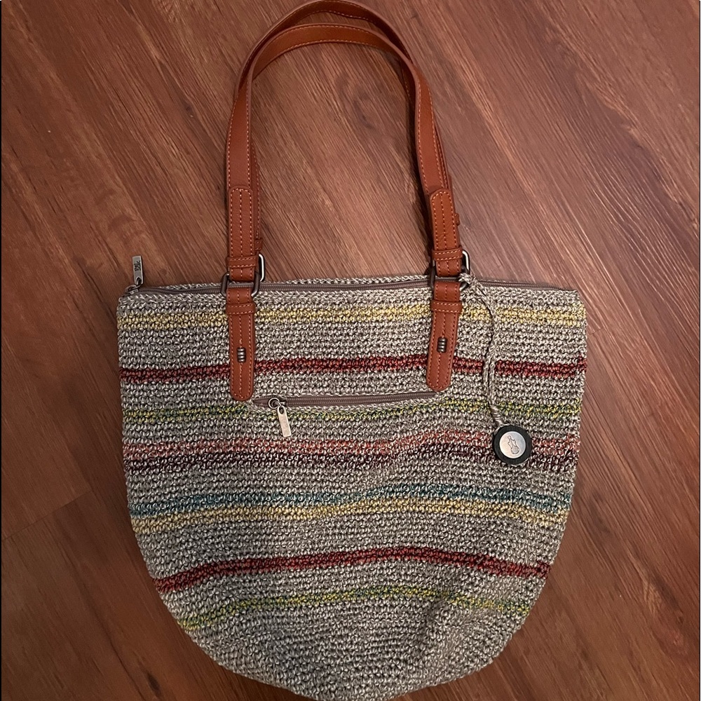 the Sak Leather Strap Crochet Zipper Top Tote